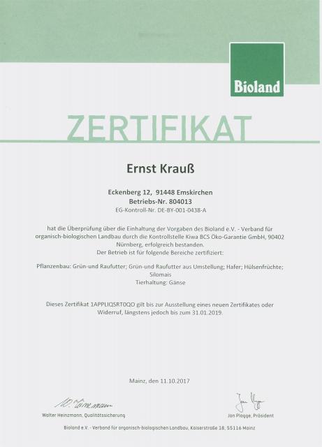Bioland Zertifikat Gänse 2018